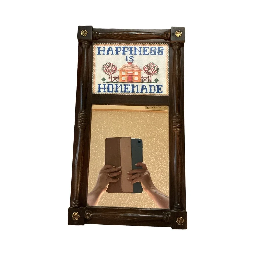 Vintage Happiness is Homemade Cross Stitch Wall Mirror Dark Wood Spindle Frame